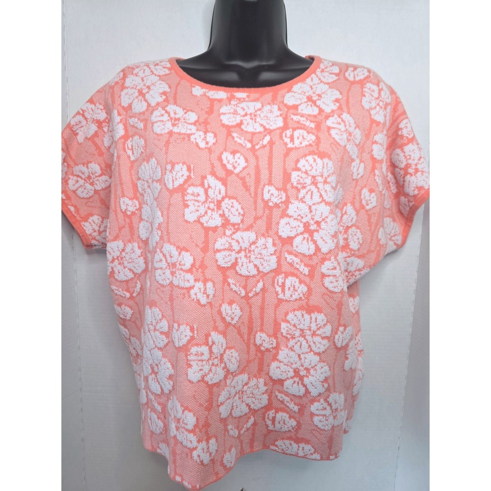 Cynthia Rowley Peach White Floral Dogwood Knit Short Sleeve Top Crew Neck M
